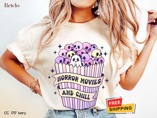 Discover Halloween Shirt, Horror Movies And Chill Retro Halloween Shirt, Ghost Tee, Halloween Women's Spooky Season TShirt