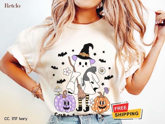 Discover Retro Halloween Shirt, Halloween Tshirt, Cute Halloween Gifts Ghost Tee, Spooky Season Party Shirt