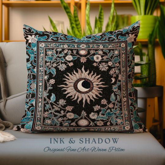 Discover Mystic Moon Dark Academia Pillow | Celestial Tarot Inspired Gothic Maximalist Bedroom Woven Tapestry Cushion Whimsical Astrology Ethereal |
