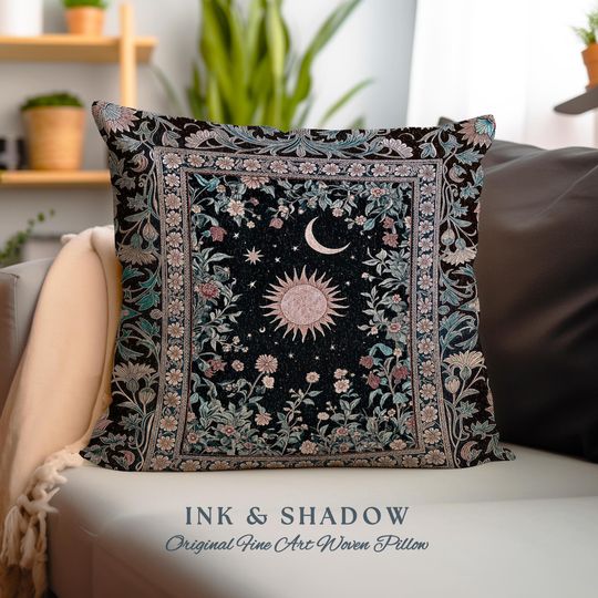 Midnight Lavender Celestial Pillow | Witchy Pastel Tarot-Inspired Bohemian Sun & Moon Maximalist Astrology Whimsical Purple Tapestry Cushion