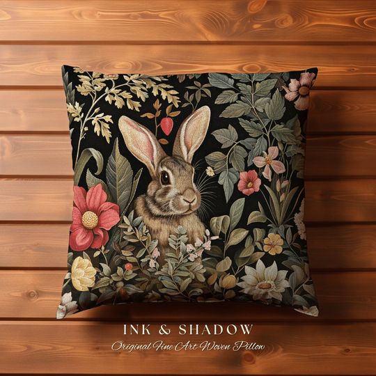 Discover Woodland Floral Rabbit Pillow | Woven Couch Cushion William Morris Throw Woodland Bunny Decor Spring Botanical Rabbit Fairycore Book Nook
