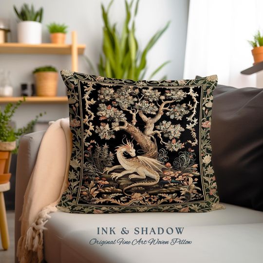 Discover Dragon Tree of Life Woven Pillow Medieval Fairytale Decor | Cottagecore Fairycore Aesthetic Mystical Tapestry Cushion Fantasy Inspired Art