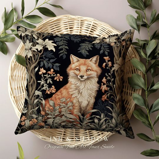 Discover Fairycore Woven Throw Pillow | Dark Academia William Morris Inspired Pillow Aesthetic Medieval Woven Pillow Victorian Gothic Fox Botanical |