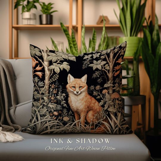 Discover Fox Throw Pillow Woodland | Dark Academia William Morris Inspired Pillow Aesthetic Medieval Woven Pillow Victorian Gothic Fox Botanical |