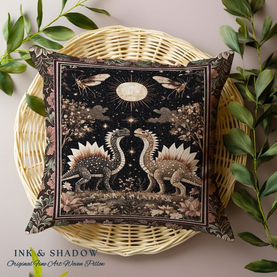Rustic Elegance Dinosaur Decor Woodland Gothic Celestial Stegosaurus Pillow Antique Baroque Aesthetic Enchanted Forestcore Art Home Accent