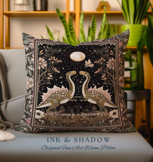 Vintage Woodland Gothic Dinosaur Pillow Rustic Olive Green Farmhouse Celestial Cottagecore Accent Retro Goblincore Stegosaurus Dino Cushion