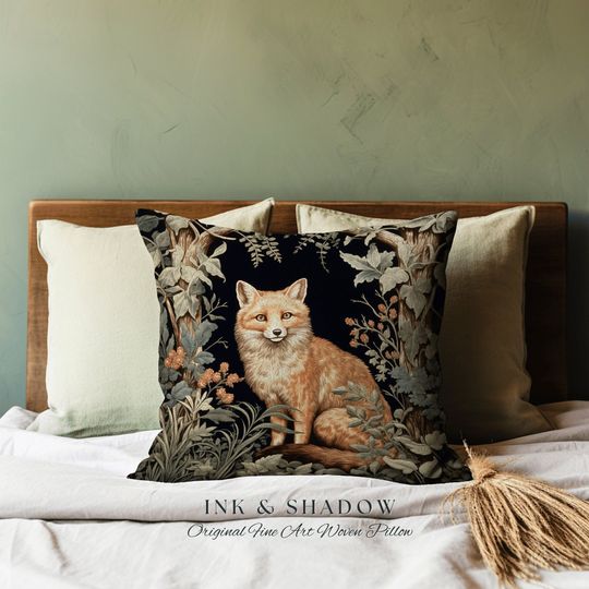 Discover Morris Fox Woven Throw Pillow | Dark Academia William Morris Inspired Pillow Aesthetic Medieval Woven Pillow Victorian Gothic Fox Home Decor