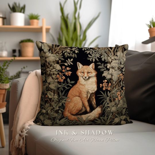 Discover Dark Forest Fox Pillow Moody Botanical | Dark Academia William Morris Inspired Cushion Goth Aesthetic Medieval Woven Pillow Victorian Fox