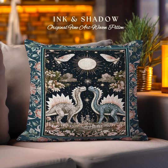 Discover Ethereal Dino Lovers Woven Pillow | Whimsical Dinosaur Nursery Cushion Moth Ornate Medieval Jurassic Floral Vintage Dark Maximalist Art TRex