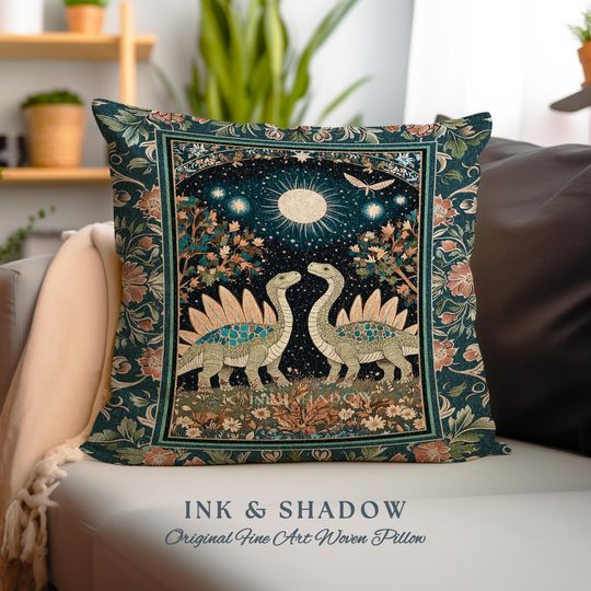 Whimsical Forestcore Mystical Dinosaur Pillow Starry Night Enchanted Woodland Decor | Magic Celestial Cottagecore Stegosaurus Home Accent