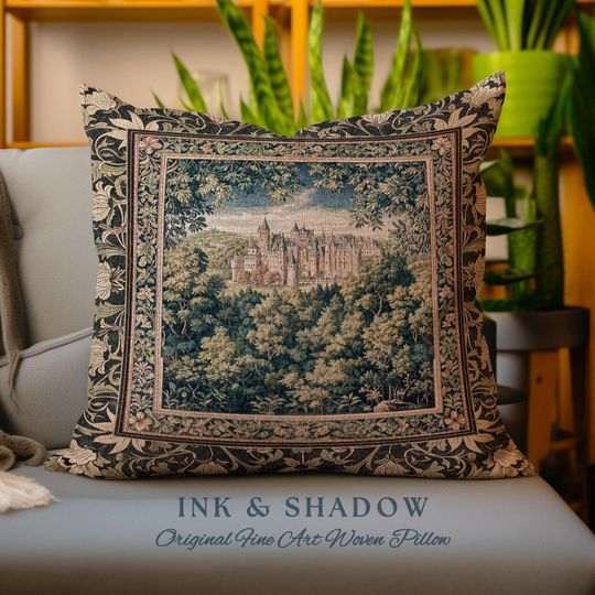 Discover Ethereal Fairytale Fantasy Castle Pillow | Dark Academia Woodland Fairy Folklore Princess Aesthetic Magical Landscape Forestcore Romantic