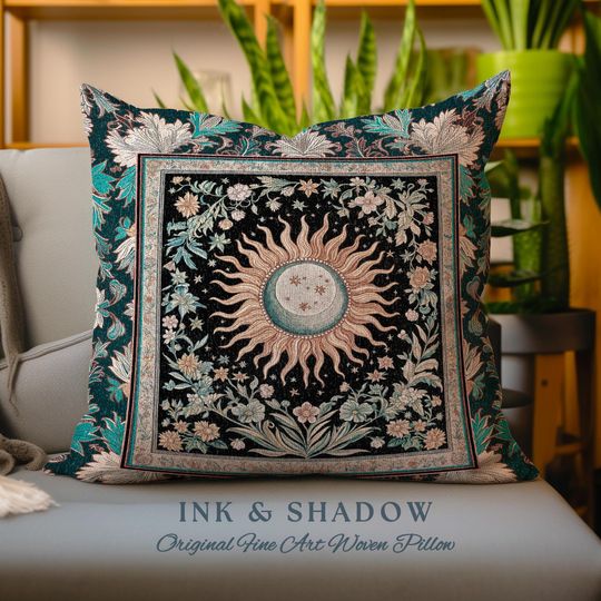 Enchanted Zodiac Mystic Accent Pillow | Celestial Gothic Tarot Inspired Astrology Bohemian Sun & Moon Witchy Maximalist Dreamy Woven Cushion