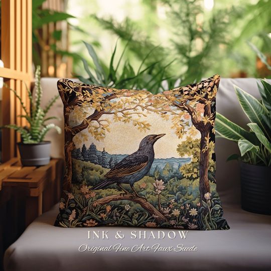 Discover Crow Woven Pillow Whimsical | Gothic Pillow William Morris Inspired Raven Decor Crow Core Pillow Maximalist Rustic Pillow Dark Woodland Gift