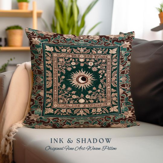 Moon and Sun Ethereal Bohemian Pillow | Celestial Tarot Aesthetic Zodiac Inspired Floral Maximalist Bed Ethereal Astrology Witchy Cushion |