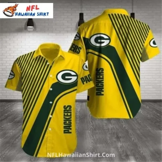 Discover Bold Gold And Green Packers Graphic Button-Up Hawaiian Shirt