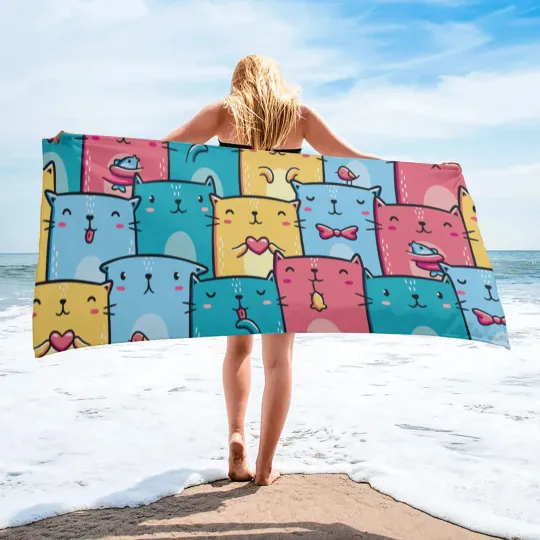 Discover Cartoon Kawaii Cat Watercolor Fashion Beach Towels for Bathroom Swimming Towel Soft Quick-drying Print Bath Towel for Boys Girl