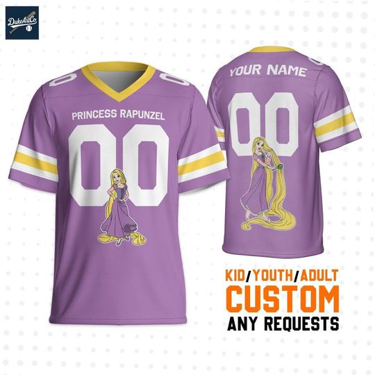 Discover Custom Gameday Princess Rapunzel Football Jersey, Personalized Name&Number, Birthday Gift, Disneyland Family Shirt, Gift for her