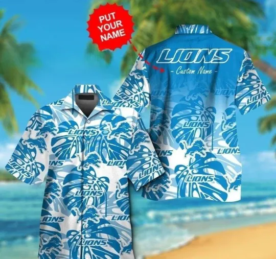 Discover Personalized Name And Lions Logo Blue Hawaiian Lions Shirt