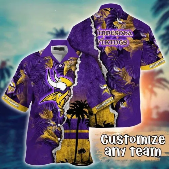 Discover Customizable Team Pride Vikings Silhouette Sunset Hawaiian Shirt