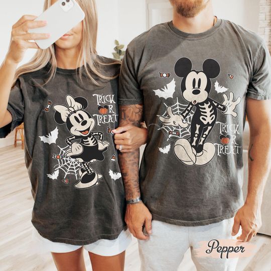 Discover Retro Mickey Minnie Halloween Couple Shirt, Disney Halloween Comfort Colors T-shirt, Mickey Minnie Skeleton Shirt, Spooky Season Shirt