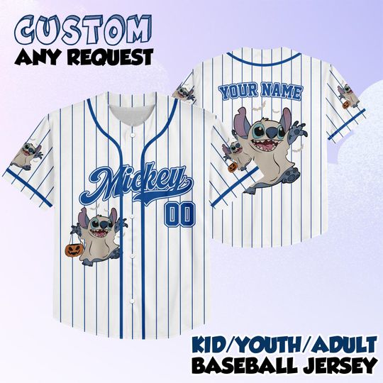 Discover Personalized Stitch Halloween Baseball Jersey, Custom Lilo and Stitch Jersey, Disney Costume Shirt, Birthday Gift, Disney Halloween Shirt