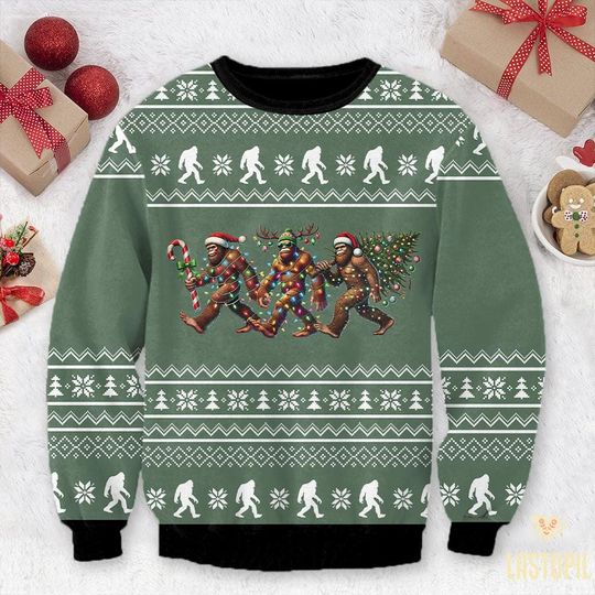 Bigfoot Christmas Ugly Sweater, Sasquatch Camping Sweatshirt