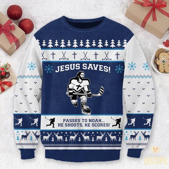 Jesus Saves Hockey Christmas Ugly Sweater Canada Hockey Sweatshirt