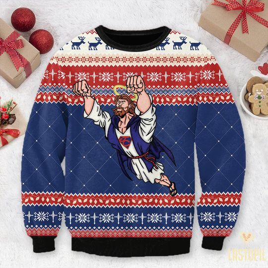 Christian Christmas Sweater Super Jesus Ugly Sweatshirt Jesus Saves Pullover