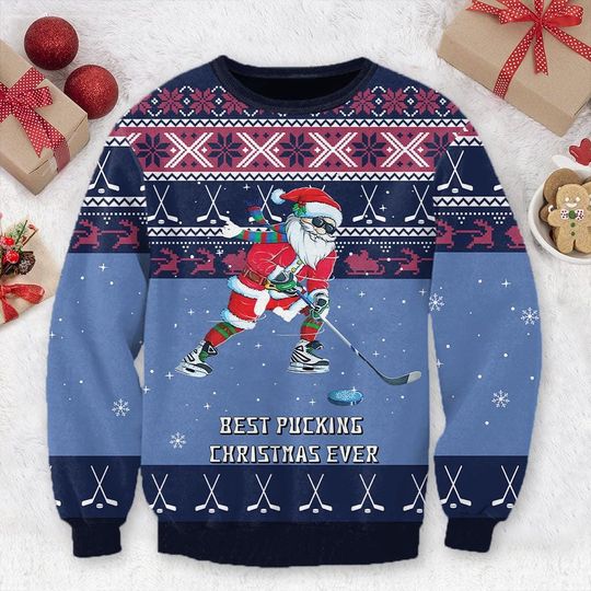 Santa Claus Ugly Christmas Sweater Hockey Player Pullover