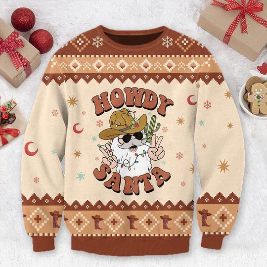 Discover Retro Howdy Santa Christmas Ugly Sweater Cowboy Sweatshirt Retro Christmas Crewneck Shirt, Xmas Gift for Dad