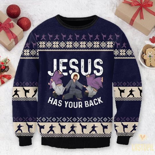Discover Jesus Has Your Back Jiu Jitsu Ugly Christmas Sweater Martial Arts Crewneck