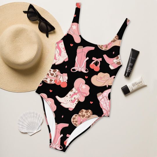 Bach Cowgirl Theme One-Piece Swimsuit, Western Bride Bathing Suit, Rodeo Bachelorette Party Swimwear, Fun Country Weekend Outfit