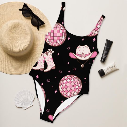 Discover Black Disco Cowgirl Theme One-Piece Swimsuit, Sparkly Western Bathing Suit, Rodeo Bachelorette Party Swimwear, Fun Bride Weekend Outfit