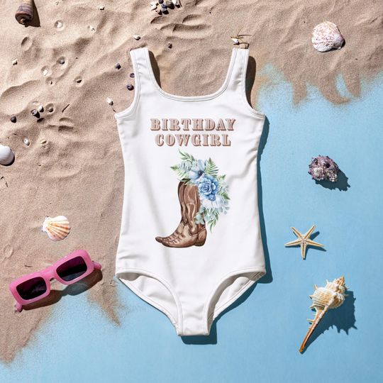 Kids Birthday Cowgirl Swimsuit, Toddler Western Swimwear, Youth Birthday Bathing Suit, Cowgirl Party Swimwear, Birthday Girl Outfit