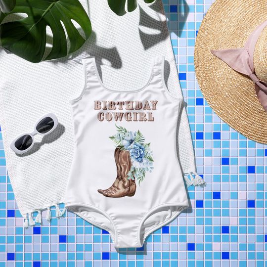 Cowgirl Birthday Swimsuit, Kids Teen Western Swimwear, Youth Birthday Bathing Suit, Party Cowgirl Swimwear, Birthday Girl Outfit