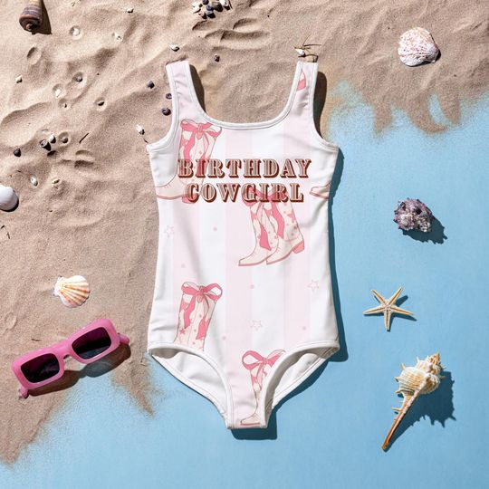 Kids Birthday Cowgirl Swimsuit, Toddler Western Swimwear, Youth Birthday Bathing Suit, Cowgirl Party Swimwear, Birthday Girl Outfit