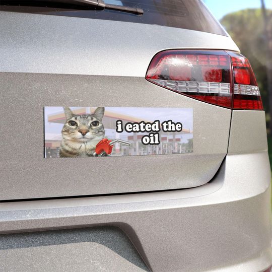 i eated the oil | Cat Meme Car Bumper MAGNET | Funny, Unhinged, Gasoline Magnetic Cute Car Decal Accessory | Waterproof Vinyl Car Magnet