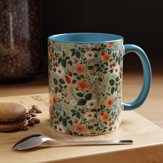 Light Floral Ceramic Coffee Mug, 11oz Hand-Painted Fruit Pattern Mug