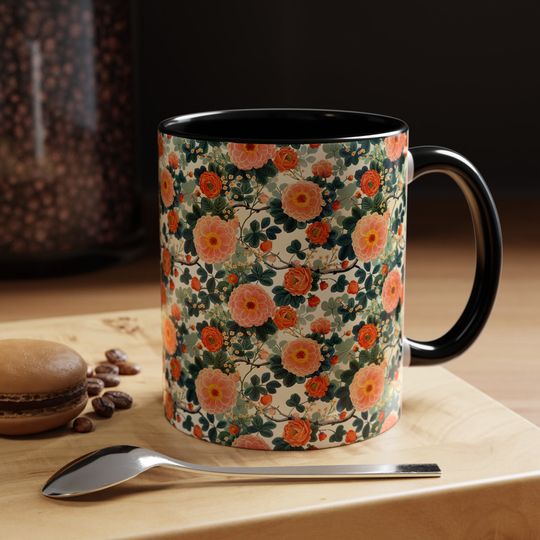 Floral Ceramic Coffee Mug, 11oz Hand-Painted Fruit Pattern Mug