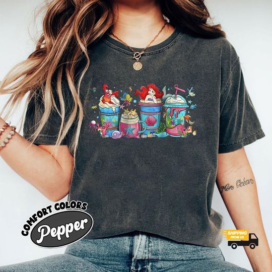 Discover Disney Princess Ariel Latte Coffee Comfort Colors Shirt, Little Mermaid Shirt, Disney Minnie Ears Ariel Shirt, Disney Princess Shirt