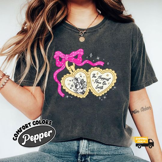Discover The Happiest Place On Earth Minnie Shirt, Heart Locket Pink Bow Tee, Comfort Colors Disney Shirt, Gift For Her, Disneyland Shirt