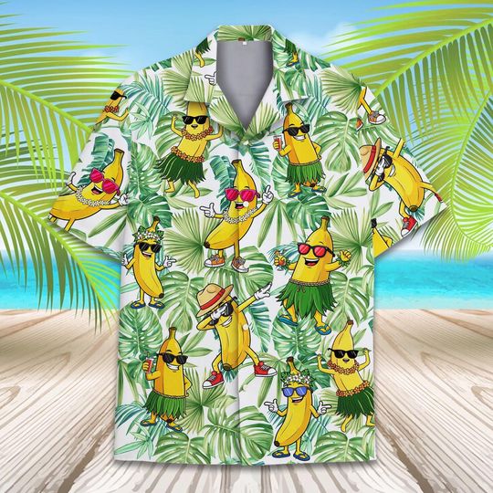 Funny Banana Hawaiian Shirt for Men Women Youth, Hula Banana Button-Down Short Sleeve Shirt, Tropical Summer Beach Party Shirt