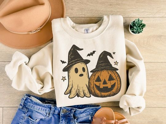 Spooky Ghost Halloween Sweatshirt, Preppy Floral Pumpkin Sweatshirt, Spooky Season Sweatshirt
