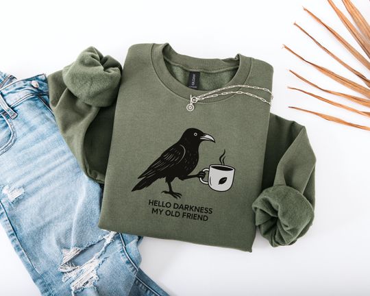Discover Gift for Coffee Lover Sweatshirt, Raven Crow Coffee Sweatshirt, Halloween Sweatshirt, Fall Sweatshirt
