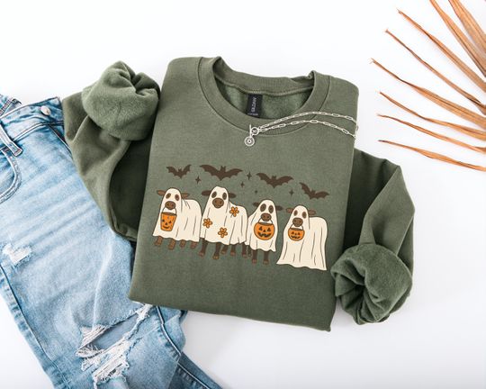 Halloween Ghost Cows Sweatshirt, Spooky Cows Halloween Gifts, Cow Lovers Halloween Gift
