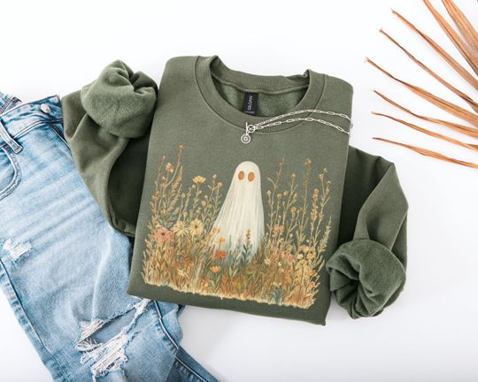Discover Cute Ghost in Wildflowers Sweatshirt, Spooky Fall, Halloween Floral Sweatshirt, Retro October Hoodie, Cozy Ghostcore Gift