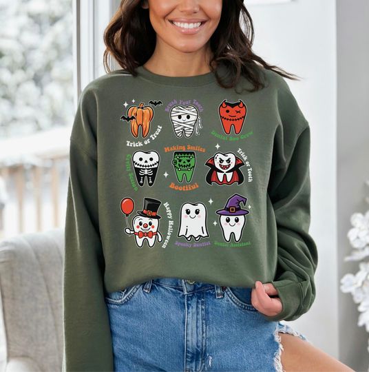 Discover Spooky Halloween Dentist Sweatshirt, Dental Halloween Sweatshirt, Matching Halloween Dental Sweat, Dental Hygiene Sweater