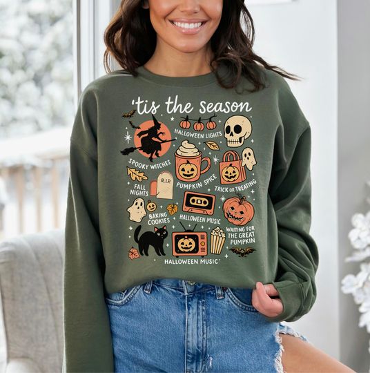 Discover Vintage Halloween Sweatshirt, Tis' the Season Sweatshirt, Retro Halloween Hoodie, Pumpkin Witch Sweatshirt