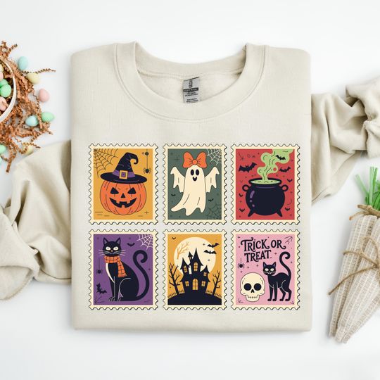 Retro Halloween Stamps Sweatshirt, Girly Halloween Ghost Sweatshirt, Spooky Season Sweatshirt, Halloween Gift, Funny Sweatshirt