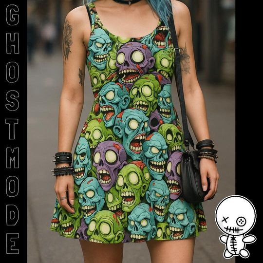 Discover ZombieHead Skater Dress - Cute Skull Zombie Print, Punk Goth Alt Kawaii Horror, Strange Weird Pretty Outfit